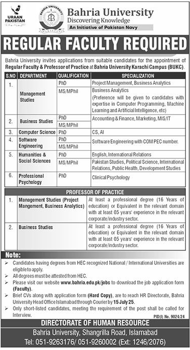 Faculty Jobs in Bahria University Islamabad